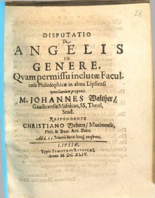 Disputatio De Angelis In Genere