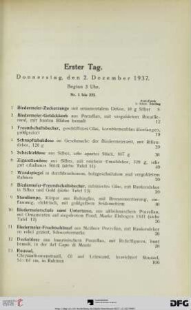 Erster Tag: Donnerstag, den 2. Dezember 1937, Beginn 3 Uhr (Nr. 1-222)