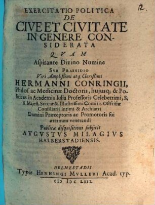 Exercitatio Politica De Cive Et Civitate In Genere Considerata