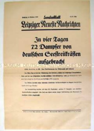 Sonderblatt der "Leipziger Neuesten Nachrichten" zum Seekrieg gegen Großbritannien