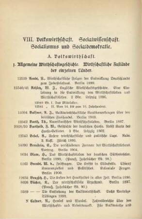 VIII. Volkswirthschaft. Socialwissenschaft. Socialismus und Socialdemokratie