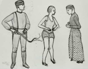 Zwei Männer in Trachten und tanzende Frau