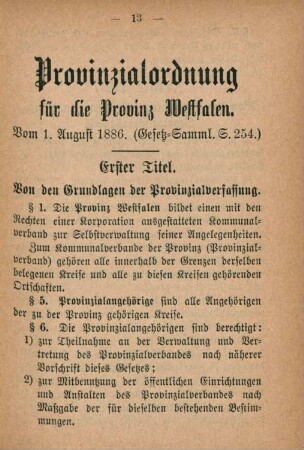 Provinzialordnung für die Provinz Westfalen. Vom 1. August 1886.