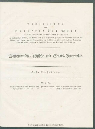 Titelseite: Einleitung zur Gallerie der Welt [...]