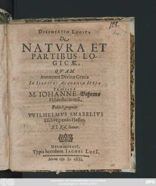 Disputatio Logica De Natura Et Partibus Logicae