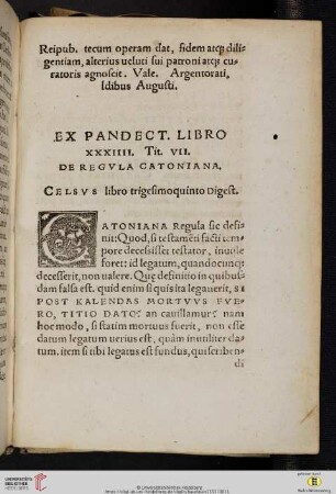 Ex pandect. libro XXXIIII. Tit. VII. De regula Catoniana