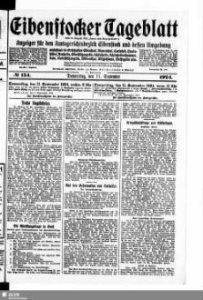 Eibenstocker Tageblatt : Anzeiger für den Amtsgerichtsbezirk Eibenstock und dessen Umgebung, umfassend die Ortschaften Eibenstock, Blauenthal, Carlsfeld, Hundshübel, Neuheide, Oberstützengrün, Schönheide, Schönheiderhammer, Sosa, Unterstützengrün, Wildenthal, Wilzschhaus, Wolfsgrün usw