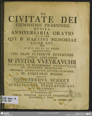 De Civitate Dei Firmissimis Praesidiis Munita Anniversaria Oratio