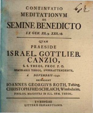 Continvatio Meditationvm De Semine Benedicto Ex Gen. XII, 3. XXII, 18.