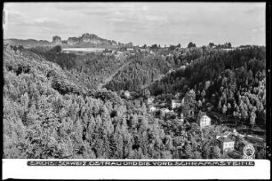 Bad Schandau, Alfred-Grafe-Weg. Wohnhäuser. Blick nach Ostsüdost über das Kirnitzschtal gegen die Schrammsteine und Ostrau