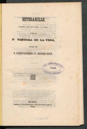 Estebanillo : zarzuela en tres actos, en verso