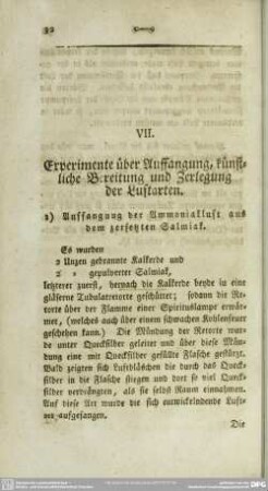 VII. Experimente über Auffangung, künstliche Bereitung und Zerlegung der Luftarten