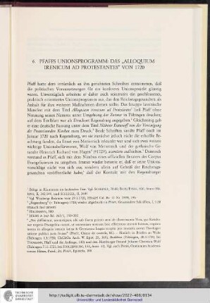 6. Pfaffs Unionsprogramm: Das "Alloquium irenicum ad protestantes" von 1720