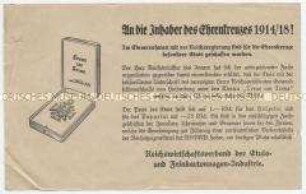 Informationsblatt des Reichsverbandes der Etuis- und Feinkartonagen-Industrie an die Inhaber des Ehrenkreuzes 1914/1918