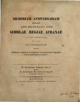 Memoriam anniversariam dedicatae ante hos ... annos Scholae Regiae Afranae ... pie celebrandam indicit. 1838