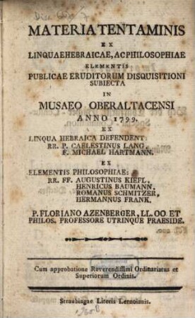 Materia tentaminis ex linguae hebraicae ac philosophiae elementis