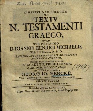 Dissertatio Philologica De Textv N. Testamenti Graeco