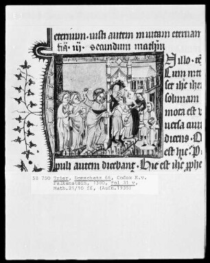 Perikopenbuch des Erzbischofs Kuno von Falkenstein: Christus vertreibt die Geldwechsler mit einer Peitsche aus dem Tempel