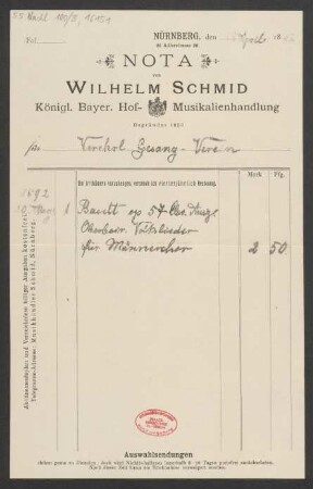 Rechnung über einen Klavierauszug Oberbayrischer Volkslieder