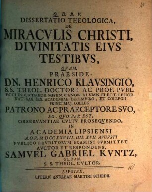 Diss. theol. de miraculis Christi, divinitatis eius testibus