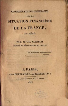 Considerations générales sur la situation financière de la France, en 1816