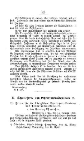 Ferien für die Königlichen Schullehrer-Seminare und Präparanden-Anstalten : [E. Schullehrer- und Lehrerinnen-Seminare etc.]