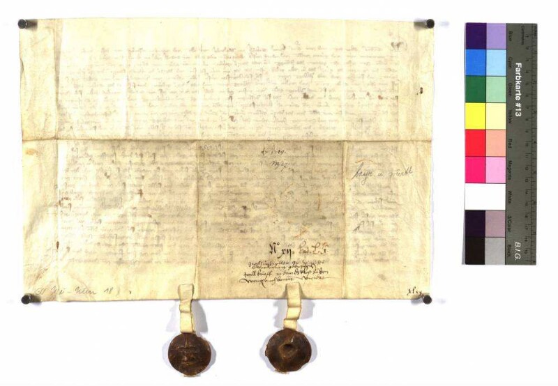 Graf Eberhard von Werdenberg und Graf Heinrich von Werdenberg, Gebrüder, vereinbaren, dass dem Kloster zu den Wengen bei Ulm ein Teil und der Kirchensatz von ihren Gütern zu Albeck (Albegg) zustehen soll und ihrem Oheim von Württemberg (Wirtenberg) seine Rechte und Gült. Wem von ihnen beiden Albeck zufällt, dem soll auch Sontheim (Sunthein) gehören, welches mit 2.400 Pfund abgelößt werden soll. Sodann Bestimmungen wegen des gegenseitigen Erbrechtes bei kinderlosem Ableben, bezüglich der Aussteuer der Töchter und Morgengabe der Frauen, heimfällige Lehen sollen geteilt werden. Ebenso ihr Schaden in Hinsicht auf den Anspruch ihrer Schwester der von Fürstenberg auf ihrer Mutter Gut. Dem Graf Heinrich steht bei der Teilung die erste Wahl zu.