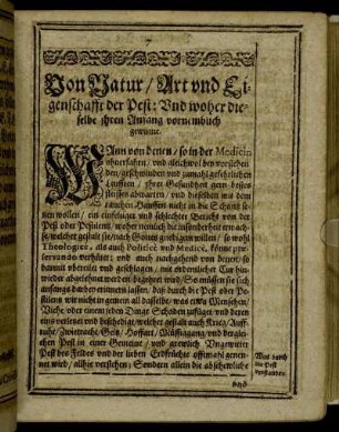 Von Natur/ Art und Eigenschafft der Pest: Und woher dieselbe ihren Anfang vornemblich gewinne.