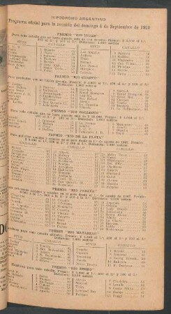 Hipódromo Argentino - Programa oficial para la reunión del domingo 4 de Septiembre de 1910