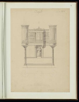 Orgelprospekt Monatskonkurrenz Juli 1856: Grundriss (Skizze), Aufriss Vorderansicht; Maßstabsleiste