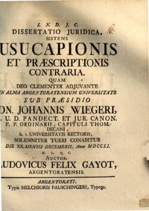 Diss. iur. sistens usucapionis et praescriptionis contraria