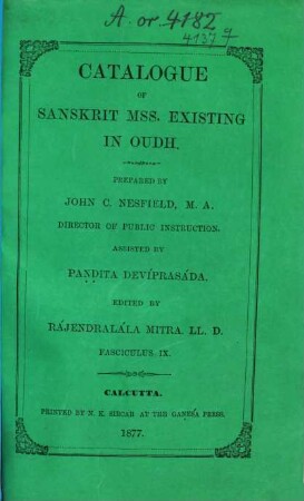 A catalogue of Sanskrit manuscripts existing in Oudh, 9.