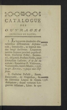 Catalogue des ouvrages imprimes de Postel.