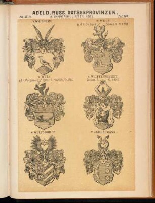 Taf. 207. - v. Wrisberg. - v. Wulf. a. d. H. Seebigall. Schwed. A. 25.IV.1704. - v. Wulf. a. d. H. Parzemois, Russ.-A. 26/XIII.1725 / 1/ I.1726. - v. Wulfsdorff. - v. Zeddelmann