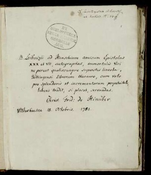 2: Brief von Christian Friedrich von Hinüber an die Königliche Universitätsbibliothek Göttingen, Wildeshausen, 18.10.1781