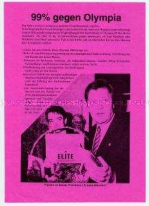 Flugblatt gegen die Bewerbung Berlins um die Ausrichtung der Olympischen Spiele 2000 mit Aufruf zu einer Anti-Olympiademonstration