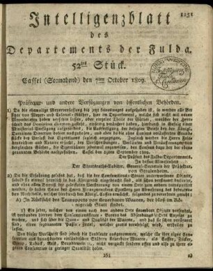 52tes Stueck, (Sonnabend) den 7ten October 1809