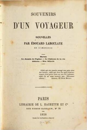 Souvenirs d'un voyageur : Nouvelles par Édouard Laboulaye