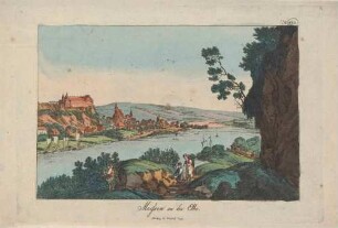 Stadtansicht von Pirna mit dem Sonnenstein und der Marienkirche von Posta im Nordosten über die Elbe (Titel falsch als "Meißen")
