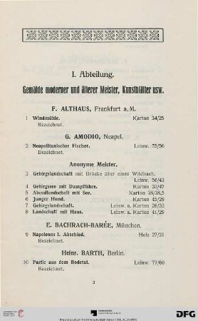 I. Abteilung : Gemälde moderner und älterer Meister, Kunstblätter usw.(Nr. 1-210)