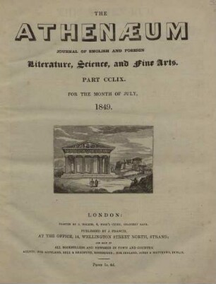 THE ATHENAEUM JOURNAL OF ENGLISH AND FOREIGN Literature, Science, and fine Arts. PART CCLIX. - PART CCLXIV.