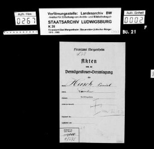 Hirsch, Samuel; Bankier, Kaufmann und Privatier *01.04.1854 +22.10.1936 Hirsch, Hannchen geb. Mainzer Wohnort: Bad Mergentheim