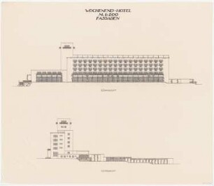 Wochenend-Hotel und Strandbad: Wochenend-Hotel: Süd- und Ostansicht 1:200