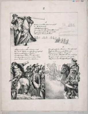 Die Geschichte des Soldaten Barchewitz, der 1813 in der Schlacht bei Dresden Moreau die Beine abschoß, Verse von Julius Koch mit Spottbildern in drei Teilen, zweites Blatt mit drei Bildern und den Versen 5 bis 7