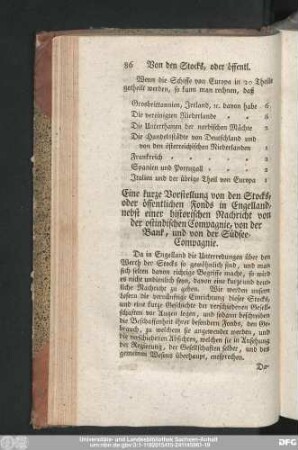 Eine kurze Vorstellung von den Stocks, oder öffentlichen Fonds in Engelland, nebst einer historischen Nachricht von der ostindischen Compagnie, von der Bank, und von der Südsee-Compagnie.