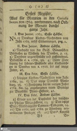 Erstes Register, Was für Materien in den Curiosis Saxon. von 1763. vorkommen, nach Ordnung der Monate durchs ganze Jahr