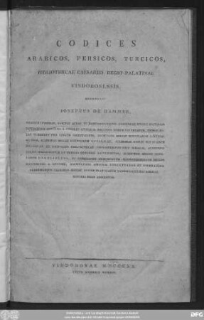 Codices Arabicos, Persicos, Turcicos, Bibliothecae Caesareo-Regio-Palatinae Vindobonensis