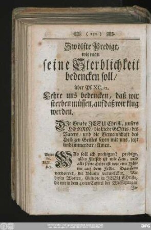 Zwölfte Predigt, wie man seine Sterblichkeit bedencken soll, über Ps. XC, 12. Lehre uns bedencken, daß wir sterben müssen, auf daß wir klug werden.