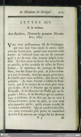 Lettre XCV. A la même. Aux Rochers, Dimanche premier Novembre, 1671