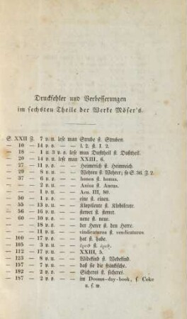Druckfehler und Verbesserungen im sechsten Theile der Werke Möser's